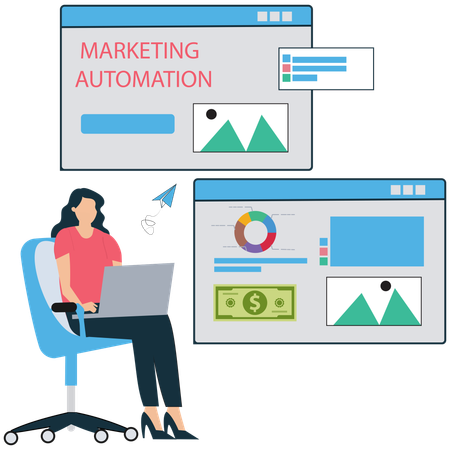 Businesswoman working on Marketing Automation Workflow  Illustration