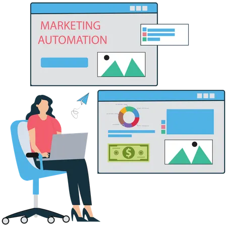 Businesswoman working on Marketing Automation Workflow  Illustration