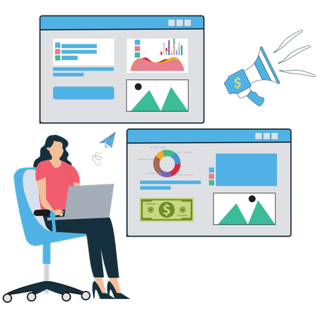 Businesswoman working on Marketing Funnel Visualization  Illustration