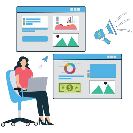 Businesswoman working on Marketing Funnel Visualization  Illustration