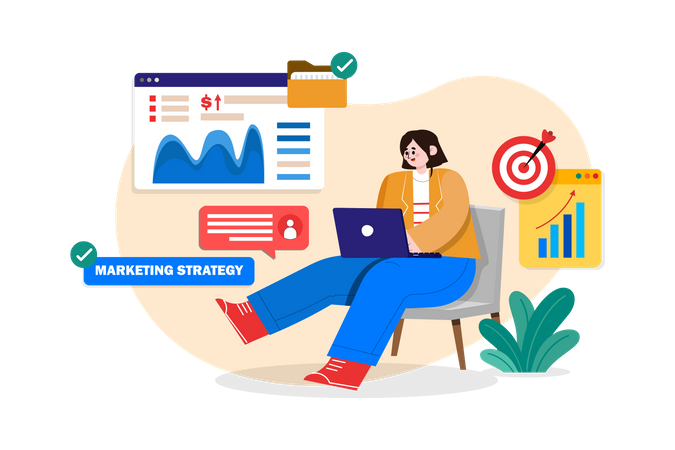 Businesswoman working on marketing strategy Illustration