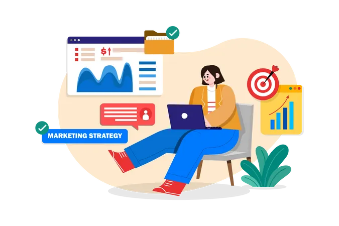 Businesswoman working on marketing strategy Illustration