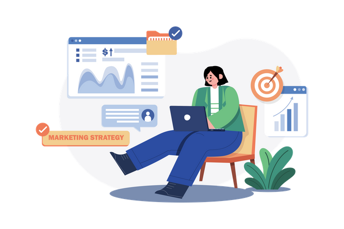 Businesswoman working on marketing strategy  Illustration