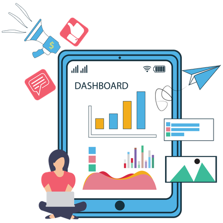 Businesswoman working on Online Business Analytics Dashboard  Illustration