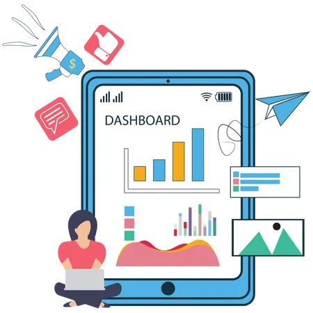 Businesswoman working on Online Business Analytics Dashboard  Illustration