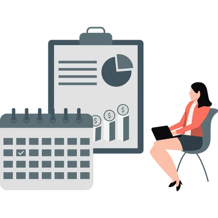 Businesswoman working on pie chart clipboard  Illustration