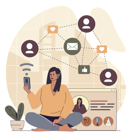 Businesswoman working on social media network  Illustration