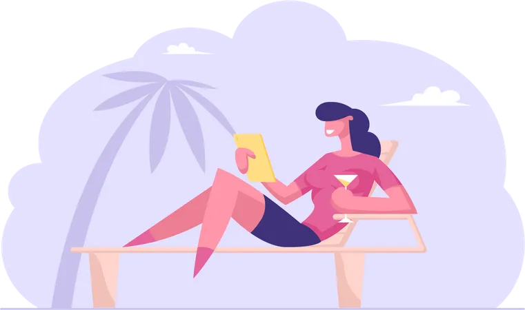 Young Businesswoman In Elegant Dress Sitting On Lounge Outdoors Reading Information On Tablet Pc And Enjoying Drinking Cocktail On Tropical Beach Or Resort With Palms Cartoon Flat Vector Illustration Illustration