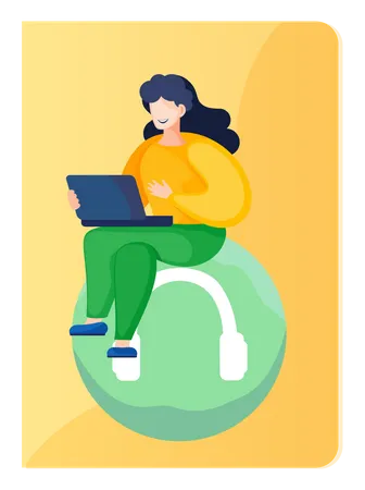 Businesswoman Is Sitting With Opened Laptop In Hands Woman Is Working On The Computer Working Communicating Process Or Meeting In Office Vector Flat Design Illustration On Yellow Background Illustration