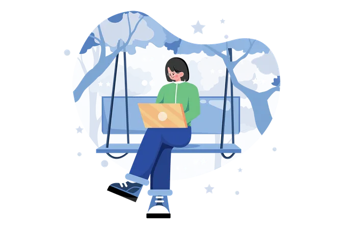 Businesswoman Working On Marketing Strategy While Seating On A Swing Illustration
