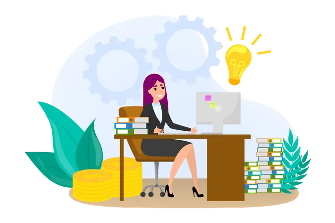 Businesswoman working while sitting at the desk Illustration