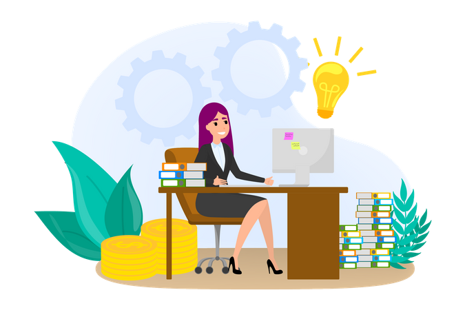 Businesswoman working while sitting at the desk  Illustration