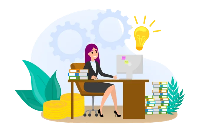 Businesswoman working while sitting at the desk  Illustration