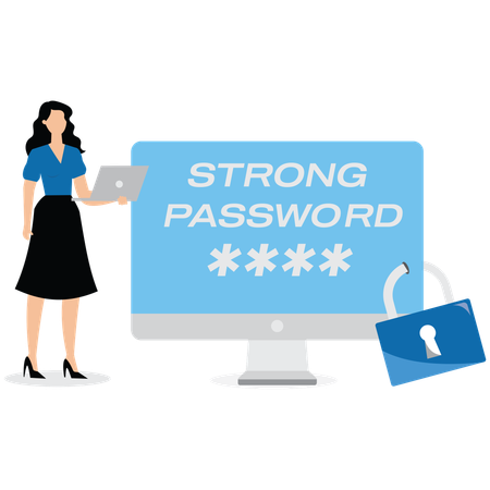 Businesswoman working with computer strong password protection  Illustration