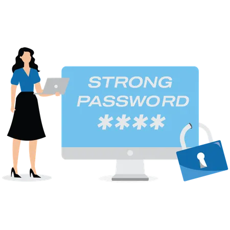 Businesswoman working with computer strong password protection  Illustration