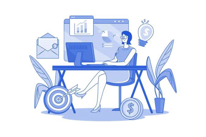 Businesswoman Working With Desktop Computer Illustration