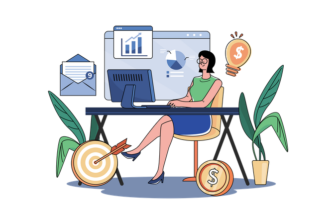 Businesswoman Working With Desktop Computer  Illustration