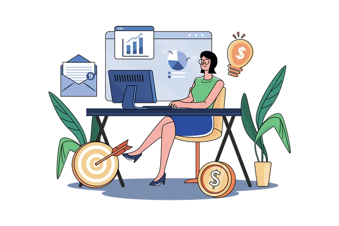 Businesswoman Working With Desktop Computer  Illustration