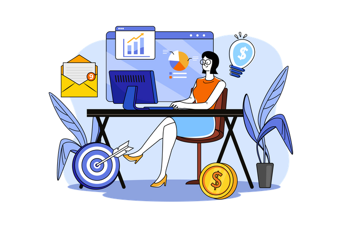 Businesswoman working with desktop  Illustration