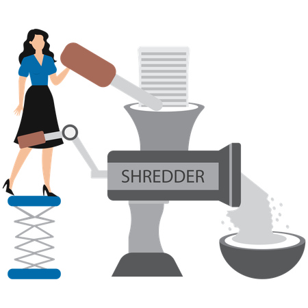 Businesswoman working with paper shredder  Illustration