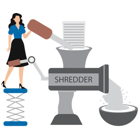 Businesswoman working with paper shredder  Illustration