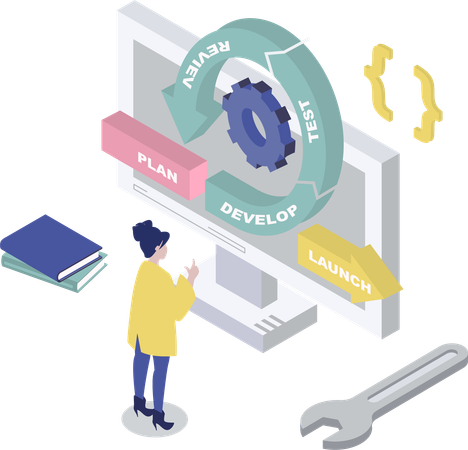 Businesswoman works on Dev application  Illustration