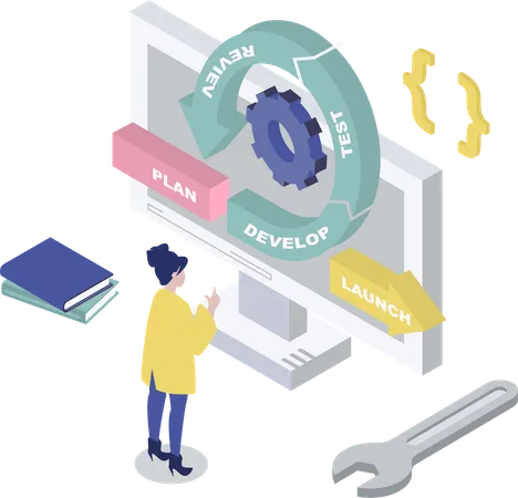 Businesswoman works on Dev application  Illustration