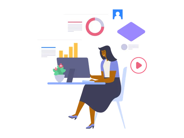 Businesswoman works on laptop  Illustration