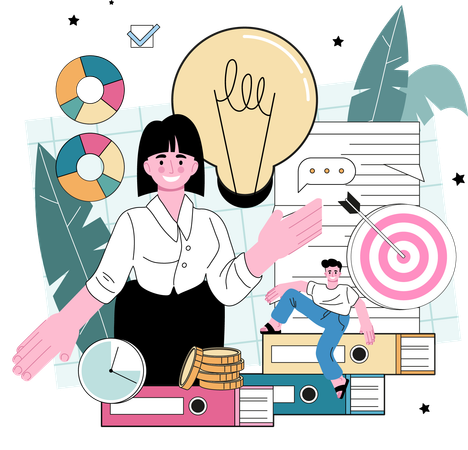 Businesswoman works on target achievement  Illustration