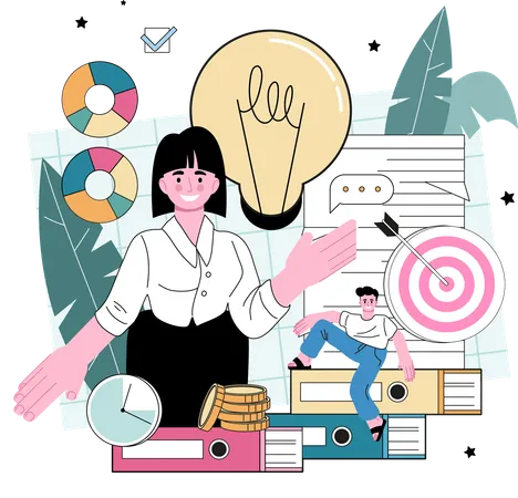 Businesswoman works on target achievement  Illustration