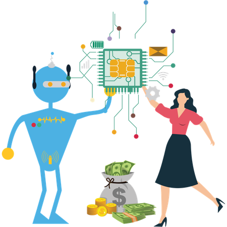 Businesswoman works with AI Technology Investment  Illustration