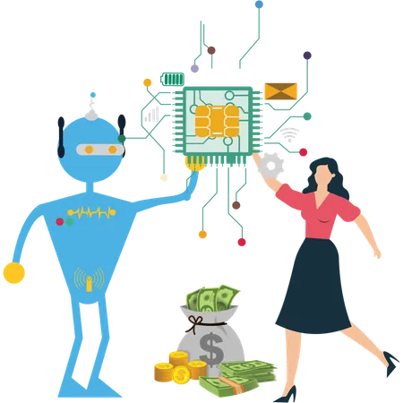 Businesswoman works with AI Technology Investment  Illustration
