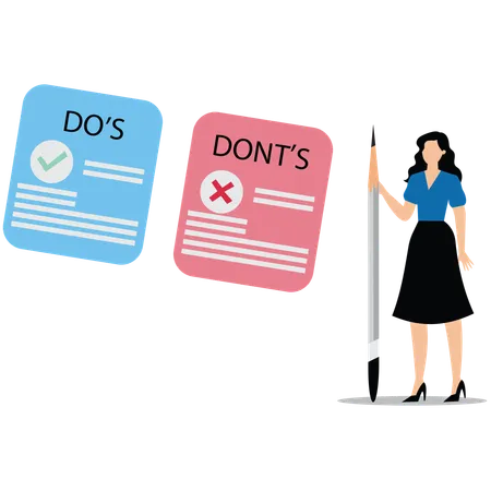 Businesswoman write do and don't checklist on sticky notes  Illustration