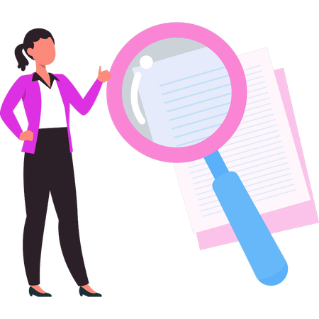 Businesswoman zooms in paper through magnifying glass  Illustration