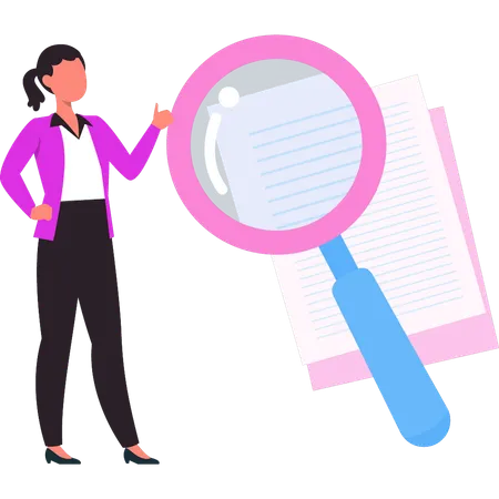 Businesswoman zooms in paper through magnifying glass  イラスト