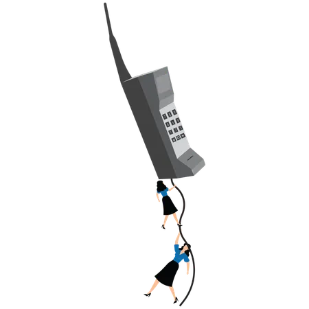 Businesswomen climbing telephone lines  Illustration