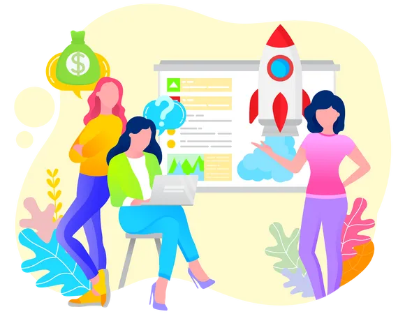 Women Workers Communication With Computer And Creative Business Strategy Teamwork Brainstorming With Laptop Financial Startup And Leadership Technology Businesswoman And Currency Symbol Vector Illustration