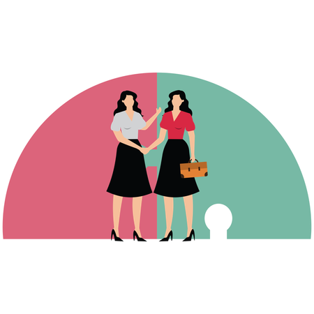 Businesswomen finish deal with handshake on connected jigsaw puzzle  Illustration
