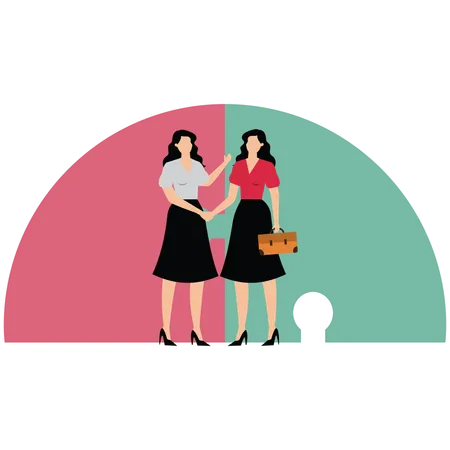 Businesswomen finish deal with handshake on connected jigsaw puzzle  Illustration