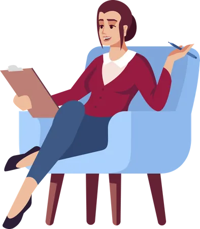 Businesswomen in armchair with clipboard and pen  Illustration