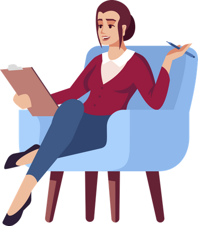 Businesswomen in armchair with clipboard and pen  Illustration