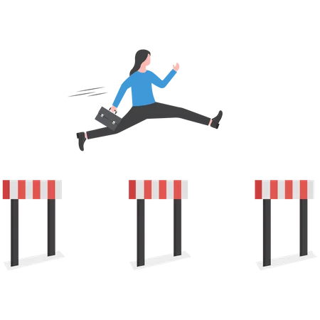 Business Woman Jumping Over Hurdles Concept Overcoming Obstacles And Achieving The Goal Illustration