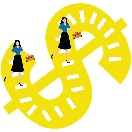 Businesswomen run up the stairs inside the dollar sign  Illustration