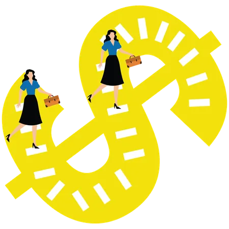 Businesswomen run up the stairs inside the dollar sign  Illustration