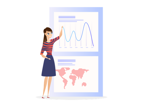 Businesswomen Showing Global Data Analysis Graph  일러스트레이션