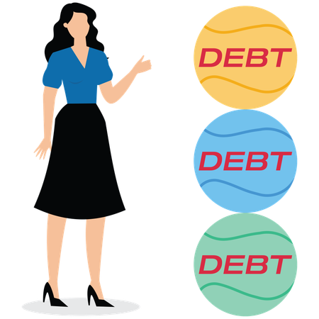 Businesswomen stacking higher and higher iron balls of debt  Illustration