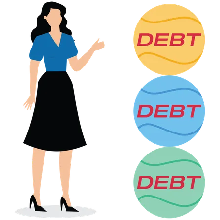 Businesswomen stacking higher and higher iron balls of debt  Illustration