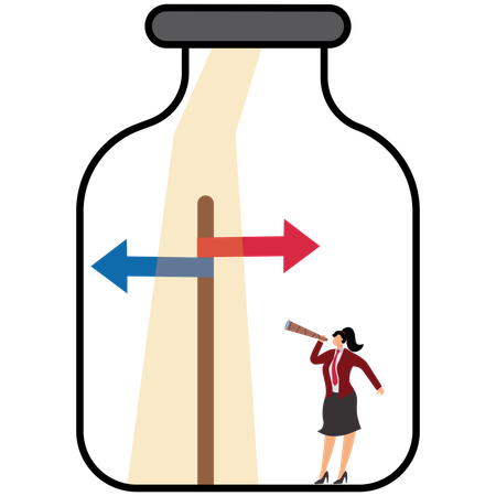 Businesswomen standing inside sealed glass jars looking at signpost signs  Illustration