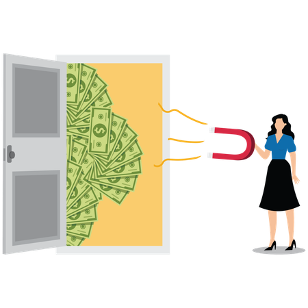 Businesswomen take magnets to attract banknotes outside the door to attract business opportunities or customers  Illustration