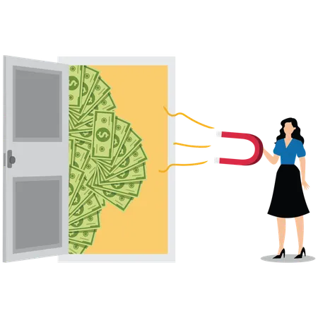 Businesswomen take magnets to attract banknotes outside the door to attract business opportunities or customers  Illustration